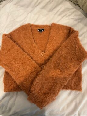 Art Class Fuzzy V-Neck Button Cardigan Sweater in Rust